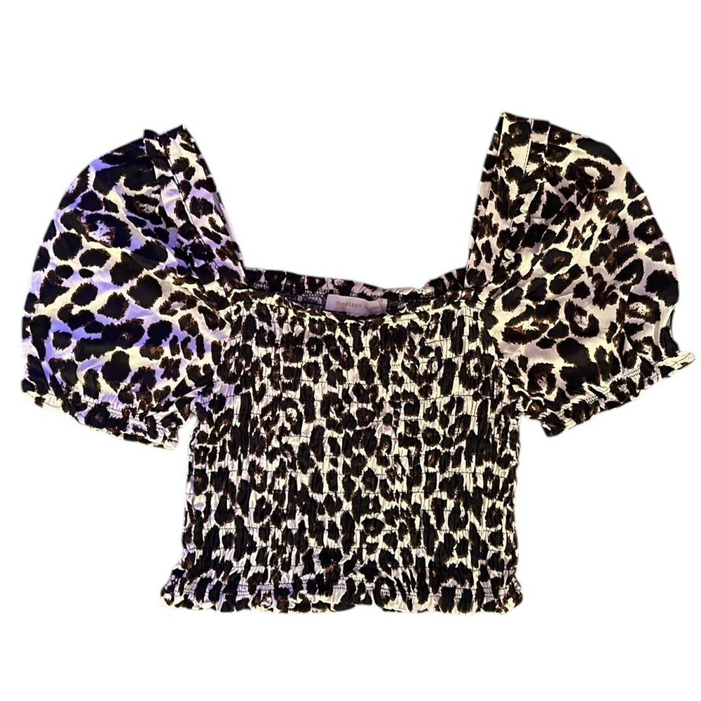 Monteau Puff‎ Sleeve Crop Smocked Top Leopard Print Linen Blend XL Beachy Baddie
